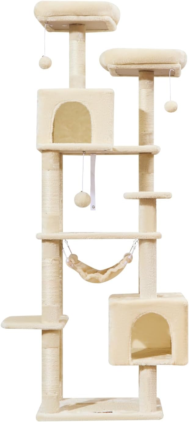 Taoqimiao Cat Tree, 68-Inch Cat Tree Cat Tower for Indoor Cats, Plush Multi-Level Cat Condo with 6 Scratching Posts, 2 Perches, 2 Caves,Hammock, 3 Pompoms,MS020SM Beige