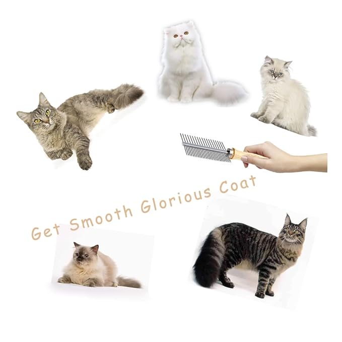 Dog Cat Pet Comb Double-Sided Grooming Brush Metal Comb for Loosening up Removing Mats Debris Tangles and Knots Wooden Handle Stainless Steel Tooth Perfect for Honghair Pets