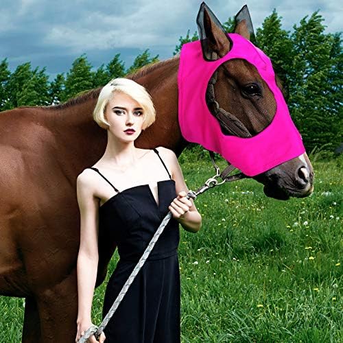 Frienda 4 Pcs Horse Fly Masks with Ears Head Fly Masks for Horses Smooth Elastic UV Protection Cover from Summer Insect Pests(Large,Purple, Blue, Pink, Black)