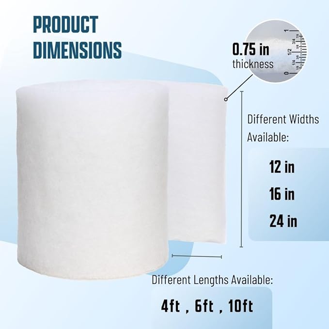 Premium Aquarium Filter Media Pad - Cut-to-Fit Roll, Fresh and Saltwater Safe, Blue & Dye-Free Options, Made in USA (Dye Free, 12"x144" (12 ft) x 0.75")