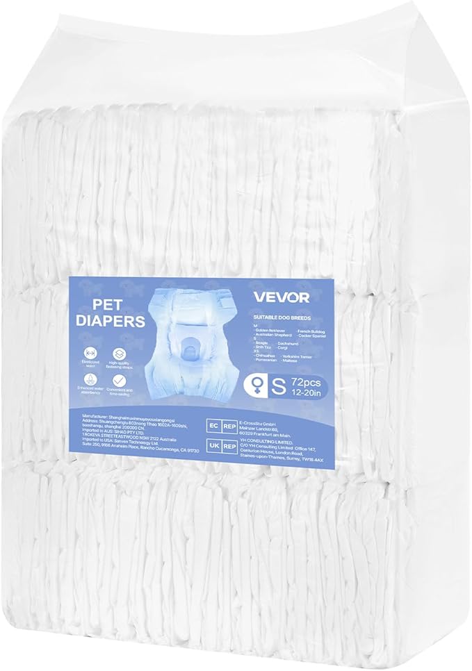 VEVOR Disposable Dog Diapers, Super Absorbent Female Dog Diapers, 360° Leak-Proof Female Doggy Pet Diaper with Wetness Indicator for Heat Period, Training, Incontinence - S, 144 Count (2 Packs of 72)