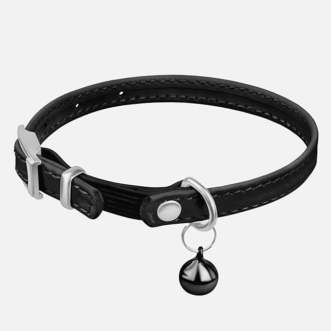 CollarDirect Leather Cat Collar with Bell - Kitten Small and Big Cat Collar for Boy Cats, Girl Cats with Safety Elastic Strap (Neck Fit 6"-7", Black)