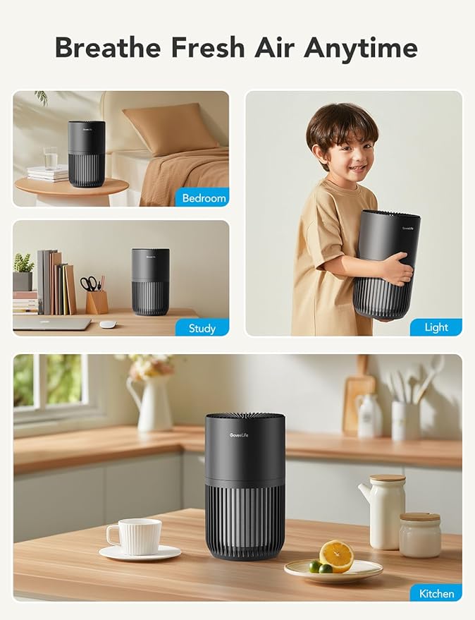 GoveeLife Mini Air Purifier for Bedroom, Smart Filter Air Purifier with App Alexa Control for Pet Hair, Odors, Pollen, Smoke, Portable Air Cleaner with 3 Speeds, 2 Modes, Timer, Aroma for Home