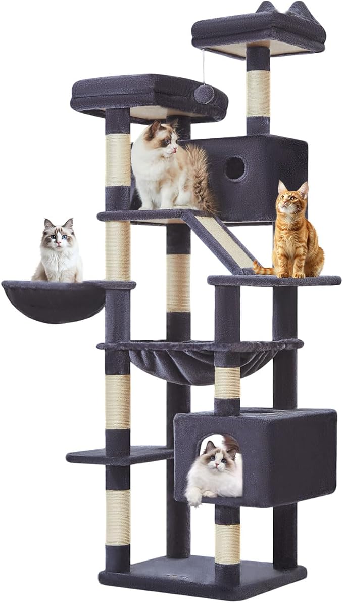 Taoqimiao Cat Tree 71-Inch, Cat Tower for Indoor Cats Large Adult, Multi-Level Large Cat Condo, 8 Sisal Scratching Posts, Metal Frame Cozy Hammock, Scratch Board, 2 Top Perches, Smoky Gray MS026LG