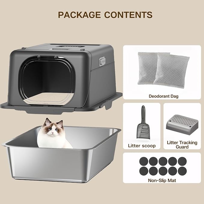 XX-Large Stainless Steel Cat Litter Box with Lid – Fully Enclosed Large Litter Box for Big Cats, Odor Control with Magnetic Door, Easy Clean, Multi-Cat Durable Metal Pan (Natural Color)