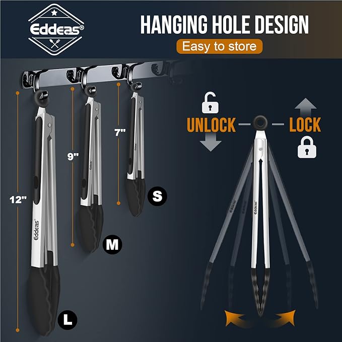 Kitchen Tongs with Silicone Tips, Tongs for Cooking Heat Resistant 600 Degrees Stainless Steel Locking Tong - 7" 9" & 12 inch Silicone Tong Non-Stick, Black Set of 3