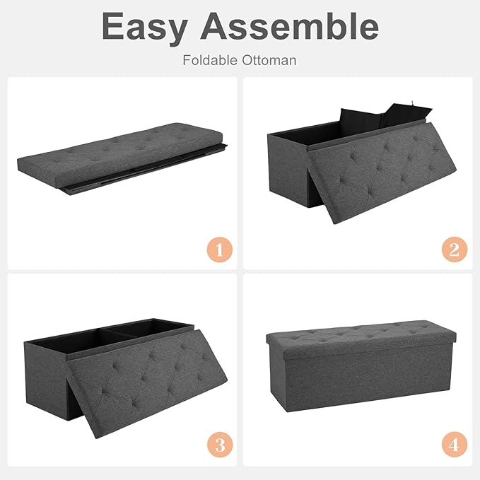Sweetcrispy 43in Foldable Storage Ottoman, Storage Chest for Bedroom End of Bed, Large Ottoman Bench Foot Rest Stool with Padded Seat for Entryway Living Room, Support 660lbs 154L-Linen Cloth Grey