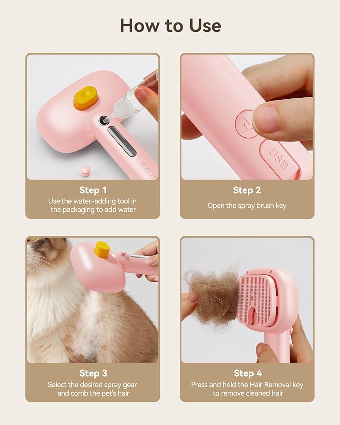 ROJECO 3-in-1 Pet Steam Brush for Cats&Dogs - Detangling Comb with Adjustable Mist, Handheld Deshedding Grooming Tool for Long/Short Hair, Massage Brush & Shedding Control Gift,Cordless,Pink