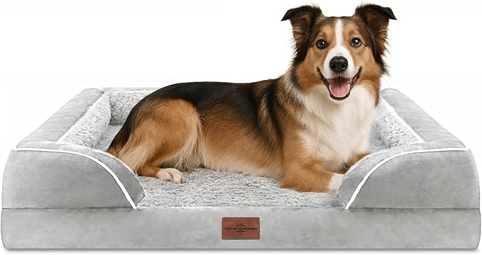 Comfort Expression Large Dog Beds Waterproof Orthopedic Foam Dog Sofa Beds Comfy Pet Bed with Washable Removable Cover & Non-Slip Bottom(Large,Grey White)