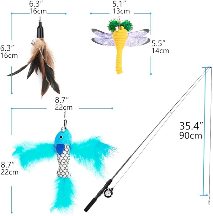 Pawaboo Cat Feather Toys, 4 Pack Interactive Cat feather Teaser Wand Toys, Retractable Fishing Pole Wand Catcher Exerciser with Refill Fish, Dragonfly Worm with Bells, Fun Cat Kitten Kitty Playing Toy