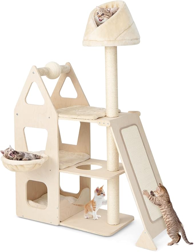 Tangkula Modern Wood Cat Tree for Indoor Cats, 64 Inch Multi-Level Tall Cat Tree with Scratching Rotatable Ball & Posts, Sisal Ramp, Hanging Basket, Large Cat Tower with Plush Perch, Washable Mats