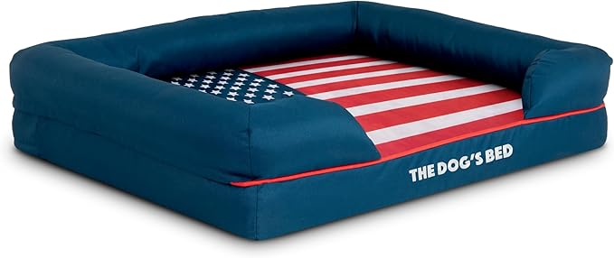 The Dog’s Bed, Medium Blue Oxford with Red Trim USA Flag Dog Bed with Central Flag 30x23.5, Memory Foam, Pain Relief, Post Surgery, Waterproof Washable Cover Cover, Veterinary Approved