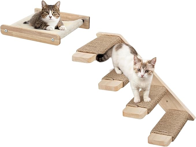 HOOBRO Cat Wall Shelf Set of 2, Wall Mounted 4-Level Cat Steps with Jute Scratching Steps, Hammock Wall Mounted, Holds up to 40 lb, Cat Wall Furniture, for Playing, Natural NL41CS03