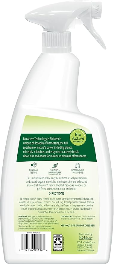 Biokleen Bac-Out Pet Urine Odor Eliminator - 32 Ounce Spray 2 Pack - Enzymatic, Natural, Destroys Stains & Odors Safely, for Pet Stains on Carpets & Furniture - Micro Towel Included