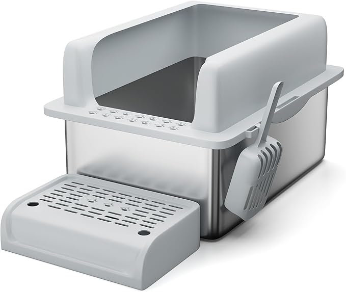 Stainless Steel Cat Litter Box 8 inch, XXL Large Cat Litter Tray with High Side, Platform Step and Scoop for Big Cats Multiple Cats, Easy Clean