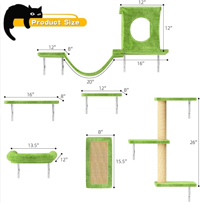 NUNU LAB Wall Mounted Cat Climber Set, 6 Pcs Cat Furniture Set with House, Bridge, Steps, Scratcher Board and Hammock, Shelves for Indoor, Luxury Walls Furniture(Green)