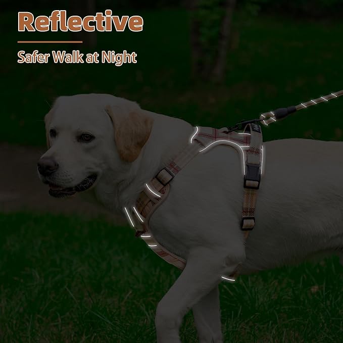 PUPTECK No Pull Dog Harness Medium Sized, Adjustable Reflective Dog Harness with Handle Easy Control, Comfortable Soft Padded Pet Vest Harness for Medium Dogs, Plaid Beige M