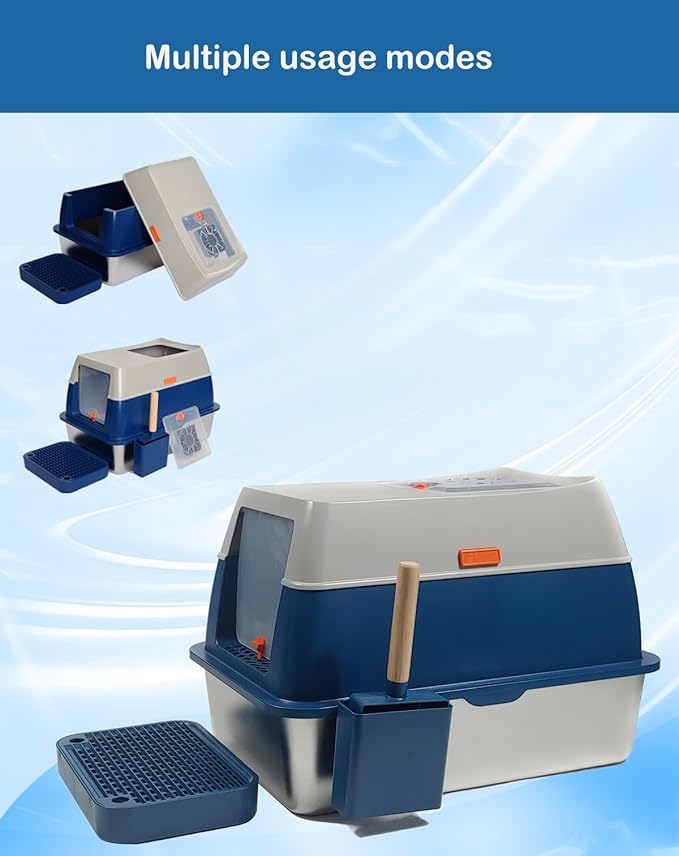 XL Stainless Steel Enclosed Litter Box with Covered for Indoor Cats, High Sides, Eliminates Odors, Easy Clean, Blue, FOXORU