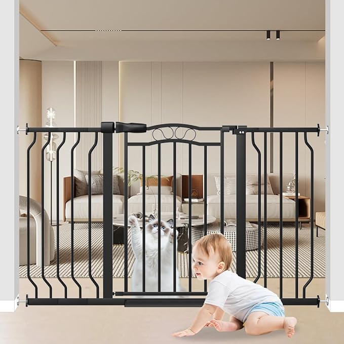 Baby Gate for Stairs 29.53"-53.1" Extra Wide, Pressure Mounted Dog Gate Indoor, Walk Thru Pet Gate for Cat Dog Child,Pet Gates for The House Doorway Black