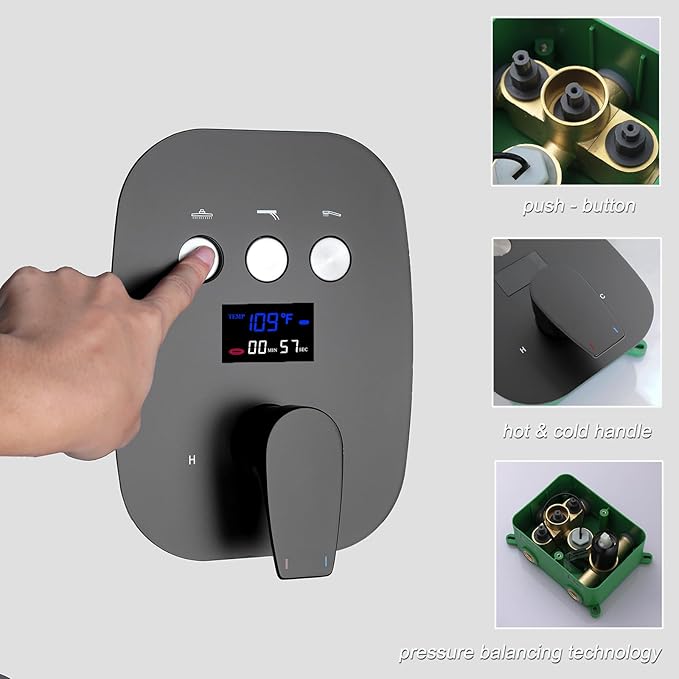 Matte Black Shower System Set Temperature Display Push Button Shower Faucet with 12 inch and 8 inch Wall Mount Full Body Shower Head and Handheld Shower