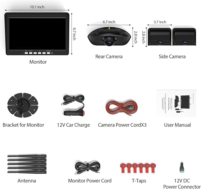 10.1" RV Backup Camera Wireless System Plug and Play, Pre-Wired for Furrion RV Trailer Camper Motorhome, HD 1080P Split-Screen DVR Monitor with 1 Rear View & 2 Side View Cameras, BY503