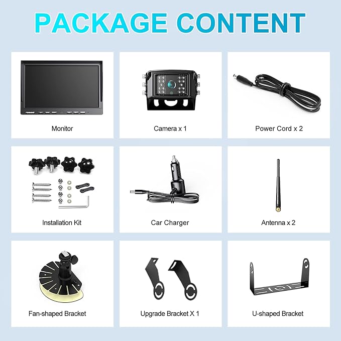 Fookoo HD 1080P 10" Wireless Backup Camera, 10-inch Dual/Quad Split Monitor, Supports 4 Cameras, IP69 Waterproof Rear View Camera Parking Lines, Recording w/ 32GB SD Card for RV/Trailer/Truck (DW101)