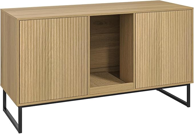 Litter Box Enclosure for 2 Cats, Fluted Hidden Cat Litter Box Furniture with Scratch Pad and Metal Legs, Modern Double Room Kitty House for Living Room, Washroom, 47.2”L x 17.7”W x 25.9”H, Natural
