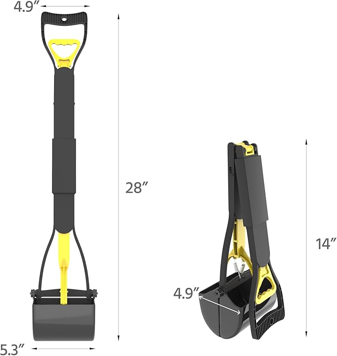 28" Heavy Duty Dog Pooper Scooper for Large Dogs, Extra Long Handle Foldable Poop Pick Up Tool with Durable Spring, Great for Yard, Lawns, Grass, Dirt, Gravel
