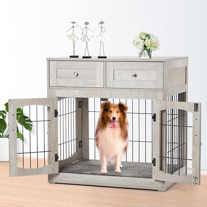 Dog Crate Furniture for Large Dogs, Wooden Dog Kennel Indoor with Double Doors, Dog Cage with Cushion & Drawers, Dog House Side End Table for Large Medium Dogs up to 70 lb, 39.4” L, Grey