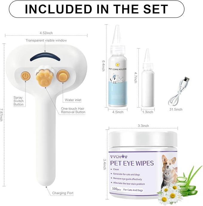 Pet Steam Brush for Dog & Cat–3-in-1 Spray Hair Removal Comb–Steam Brush for Shedding & Grooming–Water Brushes for Long & Short Haired Pets–Spritz Defur Comb–Includes Waterless Shampoo & Eye Wipes