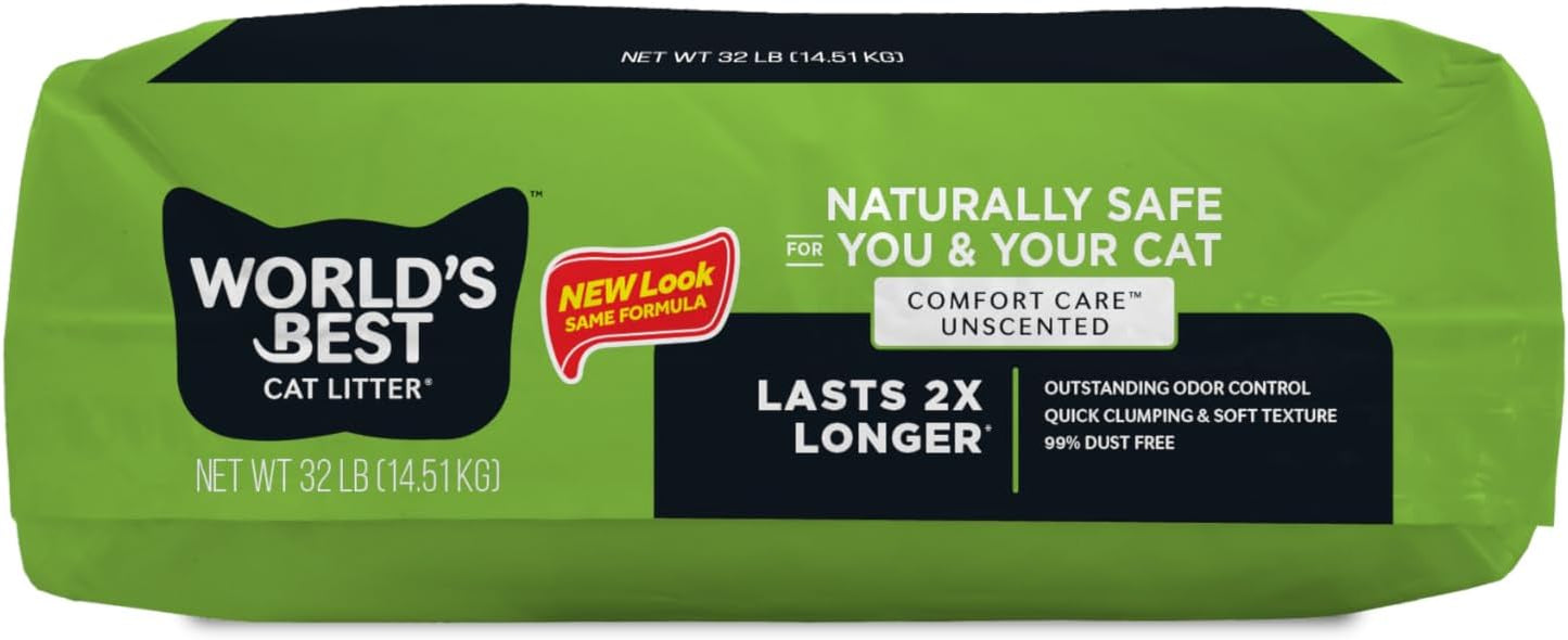WORLD'S BEST CAT LITTER Comfort Care Unscented, 32-Pounds - Natural Ingredients, Quick Clumping, Flushable, 99% Dust Free & Made in USA - Long-Lasting Odor Control & Easy Scooping