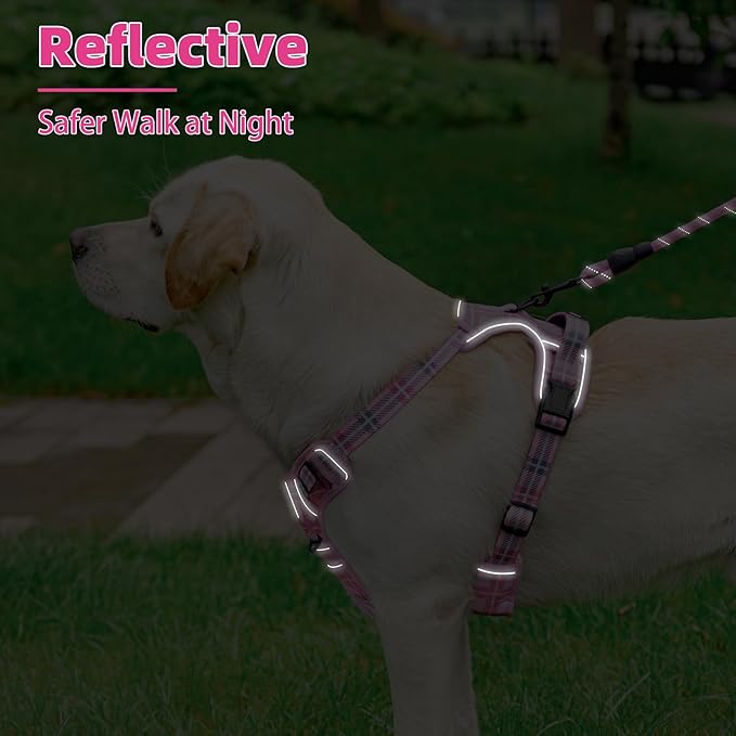 PUPTECK No Pull Dog Harness Medium Sized, Adjustable Reflective Dog Harness with Handle Easy Control, Comfortable Soft Padded Pet Vest Harness for Medium Dogs, Plaid Pink M