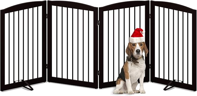 Freestanding Pet Gate for Dogs, Indoor Wooden Foldable Dog Gate for House, Doorway, Stair, 80 Inch Wide, 4 Panels 32",Brown