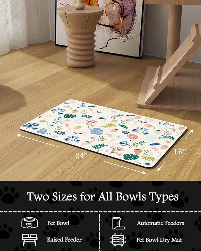 Pet Feeding Mat-Absorbent Dog Mat for Food and Water Bowl-No Stains Quick Dry Water Dispenser Mat-Dog Accessories Pet Supplies-Bowl for Messy Drinkers(LIGHTFLOWERS,16"x24"