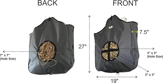Majestic Ally Nylon Hay Feeder Tote Bag for Horse, Goat, Sheep - Double Sides Open Feed Hole with Faux Leather Ventilated Bottom- Premium Quality -Simulates Grazing - Reduces Waste (Dark Gray)