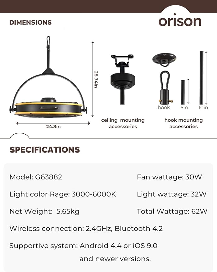 Orison 24.8'' Outdoor/Indoor Garage Ceiling Fan, 6 Speed Ceiling Mounted Plug-In Cord Garage Fan with Remote&APP, Manual Vertical Rotation, Hook hanging for Gazebo, Patio, Yellow&Black
