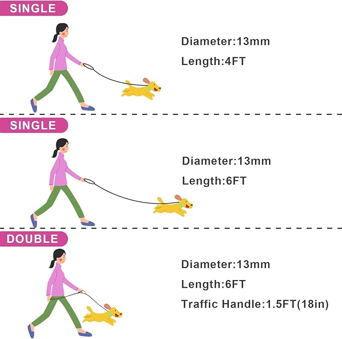 Rope Dog Leash with Two Handles, 6 Foot Heavy Duty Dog Leash with Aviation Aluminum Auto Locking Carabiner, Strong Nylon Pet Lead for Small, Medium, Large Dogs (Rose Red, 6FT-Two Handle)