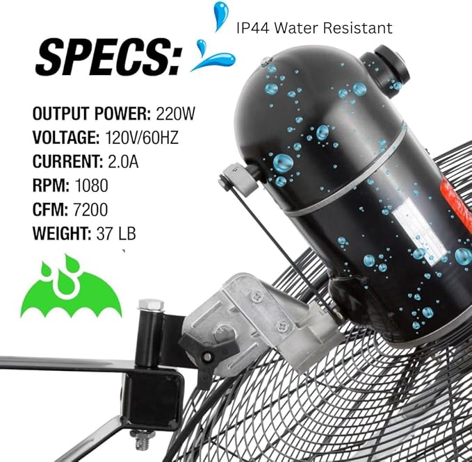 OEMTOOLS 30" Outdoor Wall Mount Fan, 80° Oscillating Fan 7200 CFM Max, Water Resistant, Use in Garage, Gym, Warehouse, Factory and Jobsite