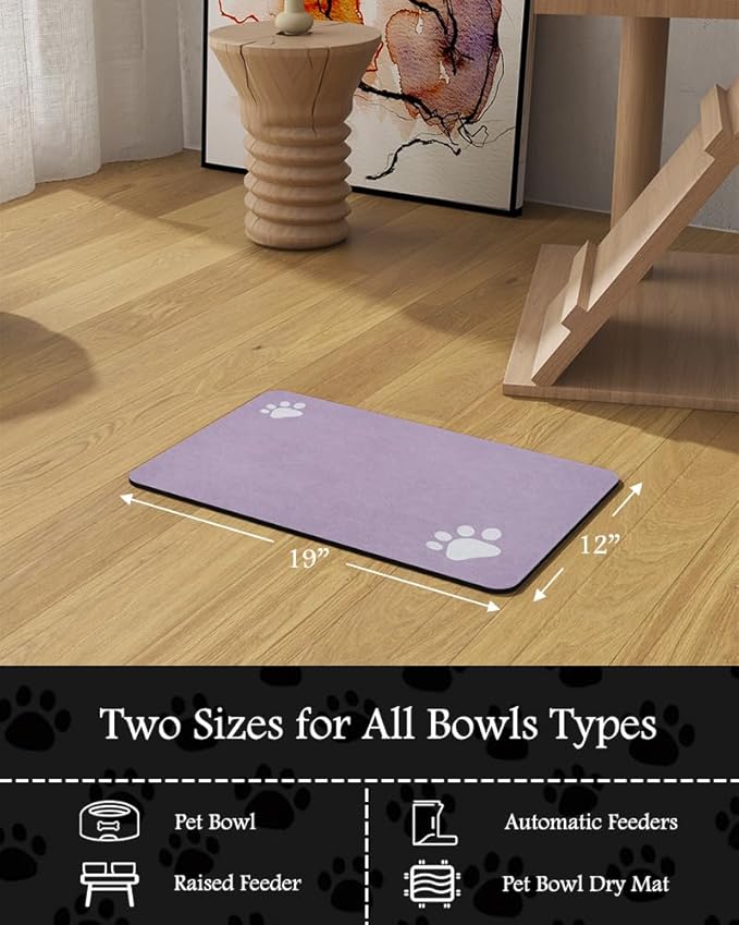 Pet Feeding Mat-Absorbent Dog Mat for Food and Water Bowl-No Stains Quick Dry Water Dispenser Mat-Dog Accessories Pet Supplies-Bowl for Messy Drinkers(Purple,12"x19"