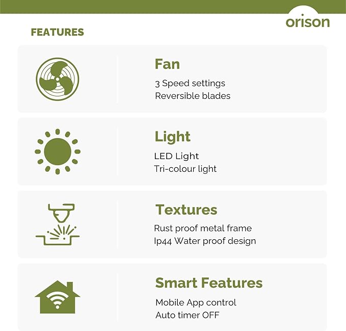 Orison 24.8'' Waterproof Outdoor Ceiling Fan, 6 Speed Ceiling Mounted Plug-In Cord Garage Fan with Remote&APP, 360-degree Manual Vertical Rotation, Hook hanging for Gazebo, Patio, Pergola (Black)