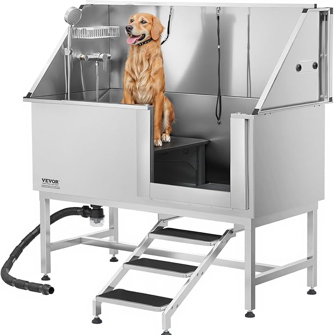 VEVOR Stainless Steel Dog Washing Station, 62 inch Pet Grooming Tub w/Stairs, PE Water Filter Board, Faucet & Showerhead & Soap Holder Dog Bathtub for Large & Medium & Small Pets (Right Door)