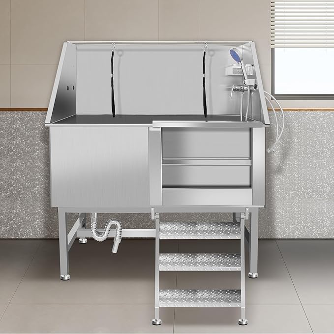50" Dog Washing Station, Professional Stainless Steel Dog Bathing Station, Equipped/W Three Anti-Slip Steps, Removable Door, Upgraded Spray Nozzle&Hose - for Home, Pet Grooming Salon (50" Right ramp)