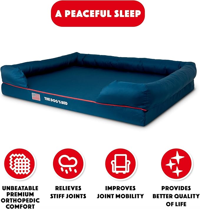 The Dog’s Bed, XXL Blue Oxford with Red Trim USA Flag Dog Bed 51.5x39, Memory Foam, Pain Relief: Arthritis, Post Surgery, Lameness, Supportive, Calming, Waterproof Washable Cover, Veterinary Approved