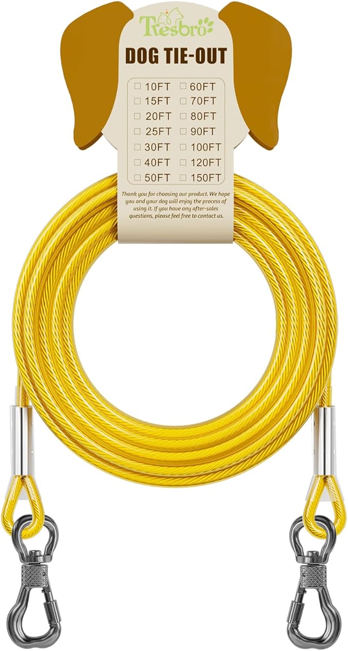 Tresbro 50FT Reflective Tie Out Cable for Dogs Up to 250 Pounds, Steel Wire Lead Leash Cable with Stainless Rotatable Buckle, Lightweight and Enduring, Dog Chains Outside for Outdoor, Yard, Yellow