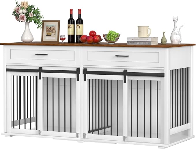 MUPATER 63" L x 23.6" W x 33.3" H Double Wooden Dog Cage Table with 2 Large Drawers & Safety Locks, Large Dog Crate Furniture for 2 Dogs with Removable Divider, Decorative Indoor Dog Kennel Furniture