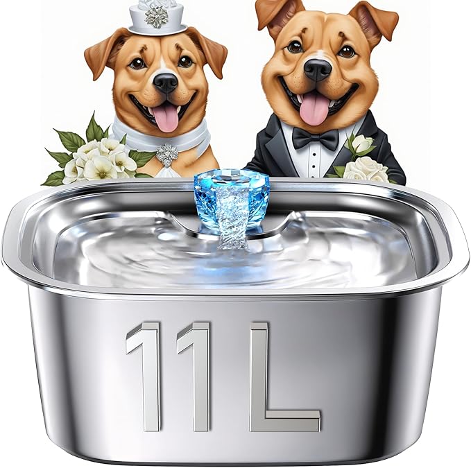 Stainless Steel Dog Water Fountain,3 Gallon Large Pet Water Fountains for Dogs and Cats, 11L /386oz Dog Water Bowl Dispenser w/Filter Drinking Bowls Indoor, Cat Founatin Quiet Pump, Easy to Use