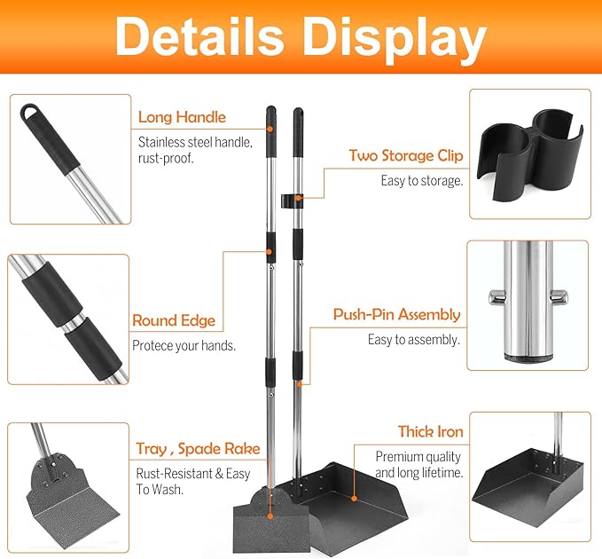 Pooper Scooper, Metal Aluminum Tray and Spade Poop Scoop Set with Adjustable Stainless Steel Long Handle, Pet Waste Removal Heavy Duty Poop Scooper (Small Tray&Spade)