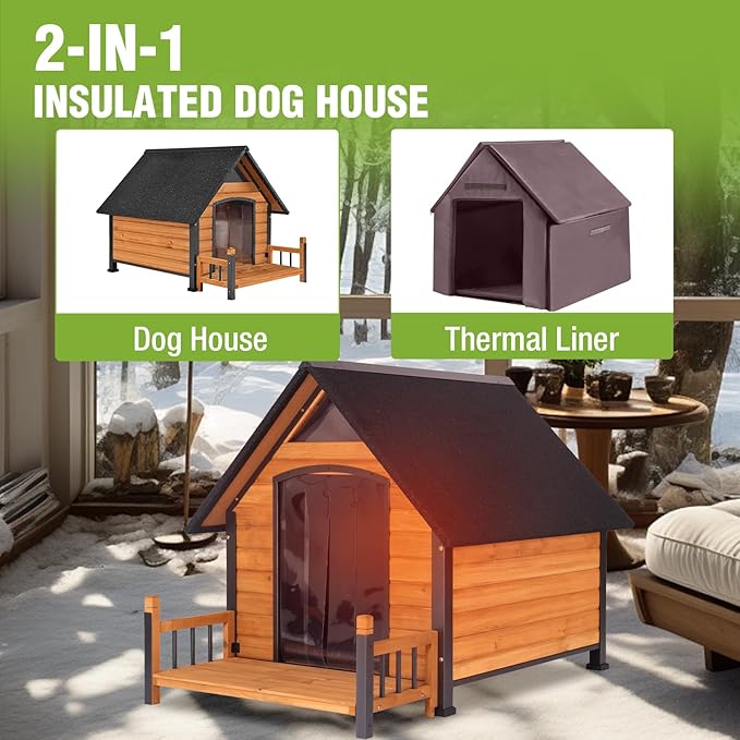 Dog House Outdoor Insulated, Sturdy & Warm Winter Puppy Shelter, 45" L Large Dog Kennel with Chew-Proof Iron Frame, Suitable for Small to Large Dogs(Brown)