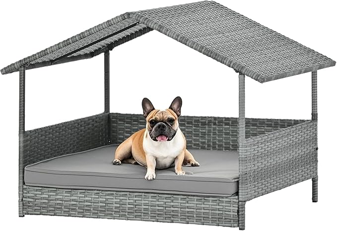 Wicker Dog House Outdoor Indoor with Canopy, Elevated Dog Shelter & Dog Bed with Light Gray Cushion, Water-Resistant Raised Pet House for Small Medium Dogs, Rattan Dog Cot for Deck, Patio, Yard, Pool