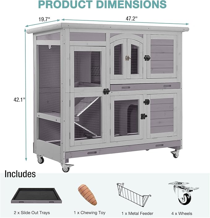 2-Tier Indoor Rabbit Hutch Bunny House Guinea Pig Cage with Sliding Plastic Trays, Wheels & Ramp, 47.2" Multi-Door Wooden Small Animal Cage for Rabbits, Bunnies, and Guinea Pigs (Grey)